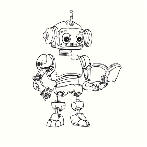 black and white cartoon line drawing of a robot reading a book 28650631 ...