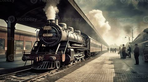 Vintage train station, with billowing steam, excited passengers, and a ...