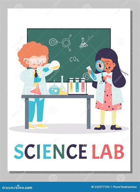 Science Lab for Kids Banner or Poster Template Flat Cartoon Vector Illustration. Stock Vector ...