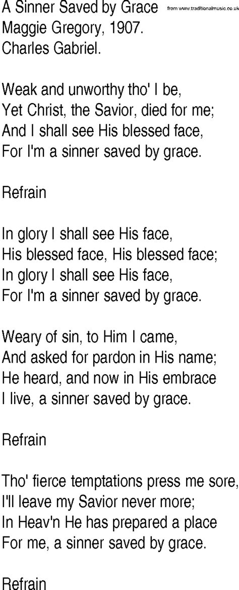 Hymn and Gospel Song Lyrics for A Sinner Saved by Grace by Maggie Gregory