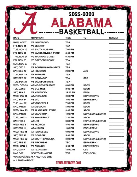 Printable 2022-2023 Alabama Crimson Tide Basketball Schedule