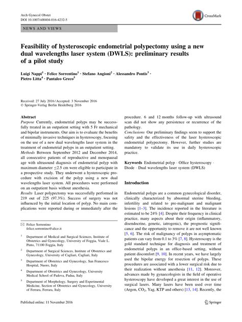 (PDF) Feasibility of hysteroscopic endometrial polypectomy using a new dual wavelengths laser ...