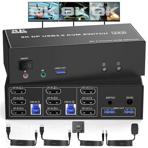 8K Displayport USB 3.0 Triple Monitors KVM Switch 3 Monitors 2 Computers 8K@60Hz 4K@144Hz ...