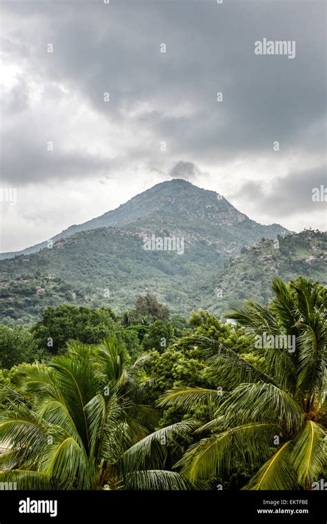 Foggy Landscape of the sacred Arunachala Hill, near Tiruvannamalai, Tamil Nadu, India Stock ...