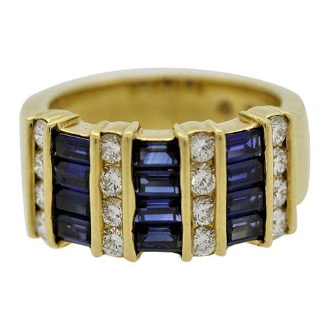 Blue Sapphire Diamond Gold Band Ring at 1stDibs