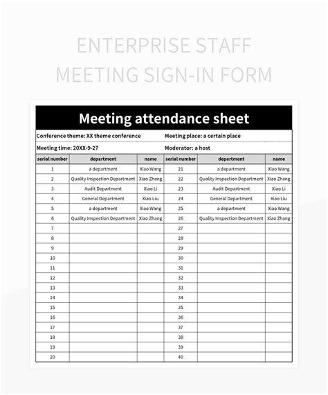 Enterprise Staff Meeting Sign-in Form Excel Template And Google Sheets ...