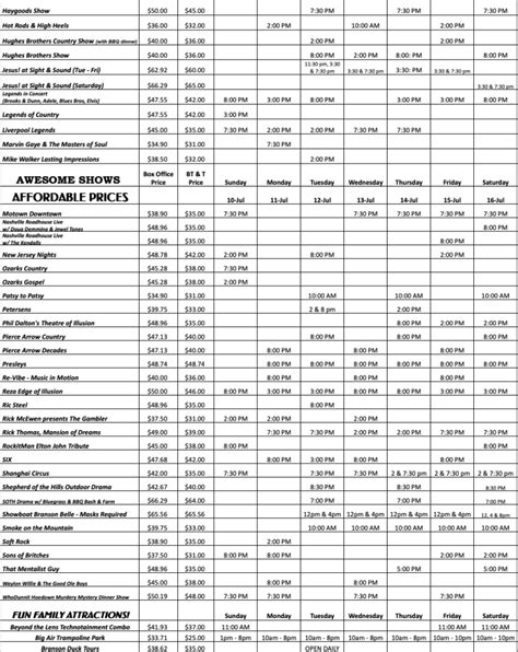 Show Schedule - Branson Ticket & Travel