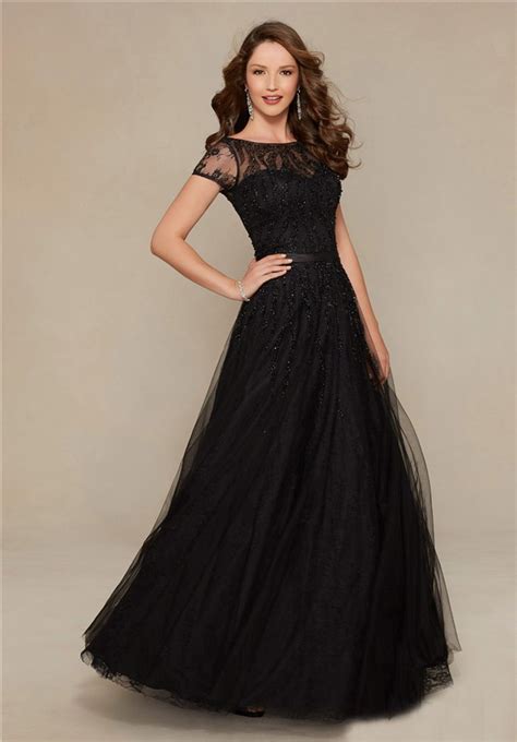 A Line Boat Neck Long Black Tulle Beaded Evening Prom Dress With Sleeves