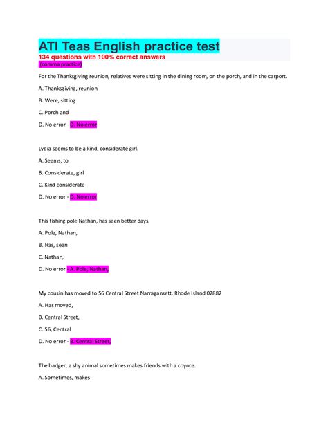 Ati Teas Practice Test Printable