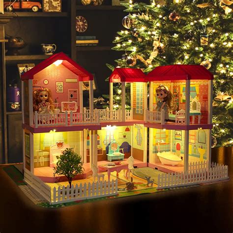 Xin Sheng Dollhouse Play House For Girl, Doll House With Lights & Two Dolls & Furniture ...