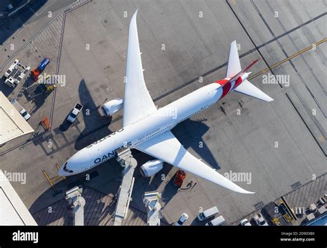 Qantas Airways Boeing 787 aeroplane aerial view. Top down view of ...