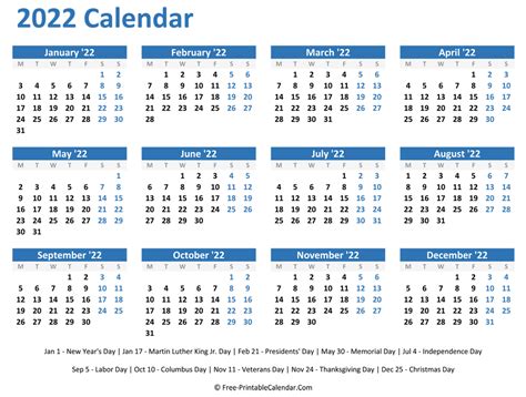 2022 Calendar Printable Yearly With Holidays