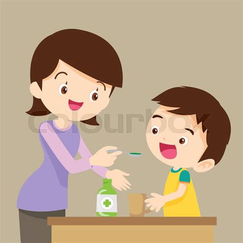 Little boy drinking syrup medicine liquid mother hand feed.cute boy eat ...