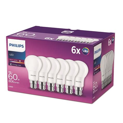 Philips LED B22 Bayonet Cap Light Bulbs, Frosted, 8 W (60 W) - Warm White, Pack of 6: Amazon.co ...