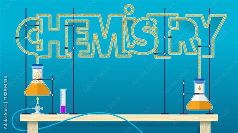 CHEMISTRY lettering. Chemical word letters formed by glass tubes with orange bubbling liquid ...