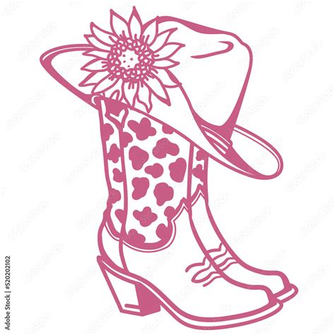 Cowboy boots and cowboy hat with flowers decoration. Cowgirl boots vector pink graphic ...