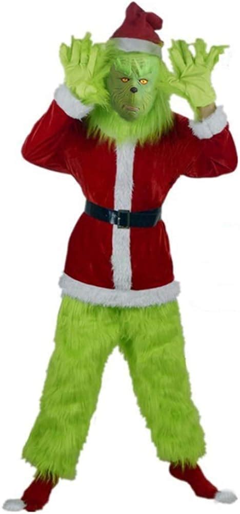 Grinch Costume Adult Green Monster Christmas 7PCS Deluxe Santa Costume with Mask (L/XL, Upgrade ...