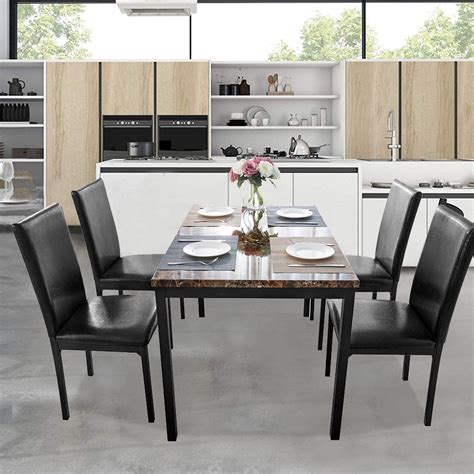 5 Piece Dining Table Set, Modern Faux Marble Table and 4 PU Leather Upholstered Chairs, Square ...