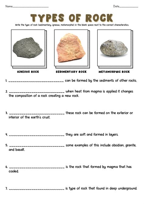 Types Of Rocks Worksheet Printable