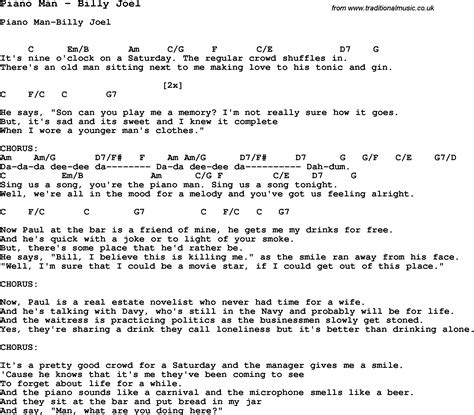 Song Piano Man by Billy Joel, song lyric for vocal performance plus ...