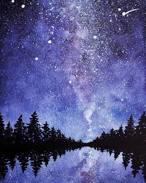 the night sky with stars and trees reflected in water