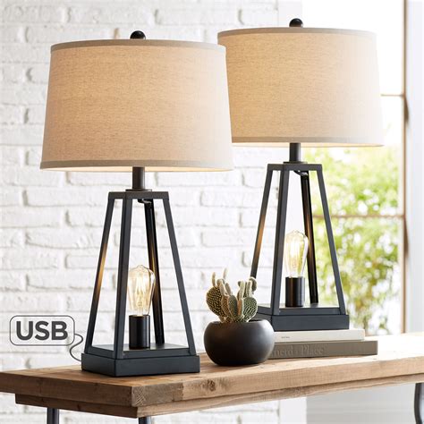 Franklin Iron Works Industrial Table Lamps Set of 2 with USB Port Nightlight LED Dark Metal ...