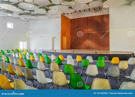 School Assembly Hall with Stage for Performance and Rows of Seats Stock Photo - Image of grey ...