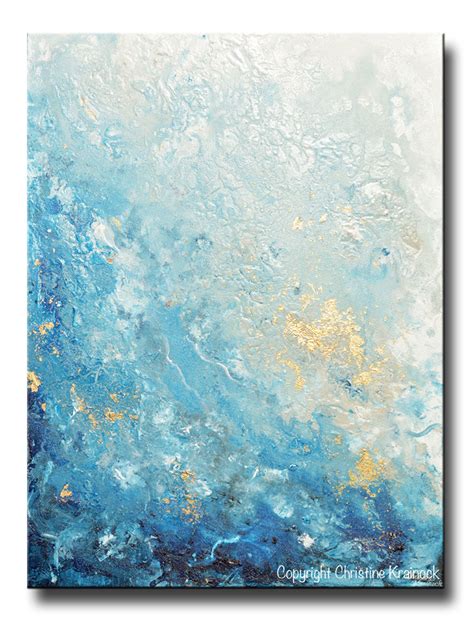 ORIGINAL Art Modern Blue Abstract Painting Navy White Grey Gold Leaf C ...