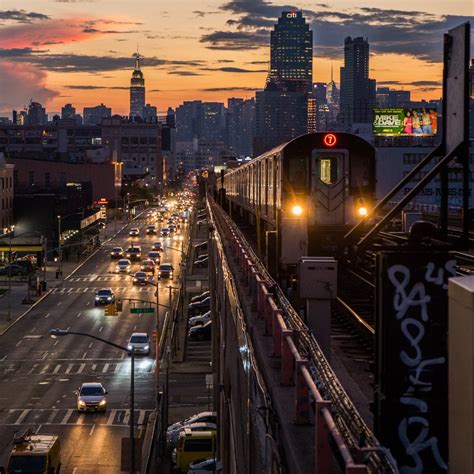 New York Skyline From Queens 7 Train Subway MTA at Sunset New York City ...