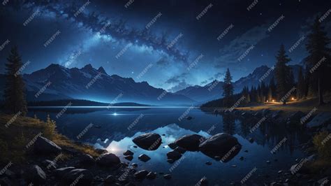 Premium AI Image | Dark landscape trees starry night stars galaxy in ...