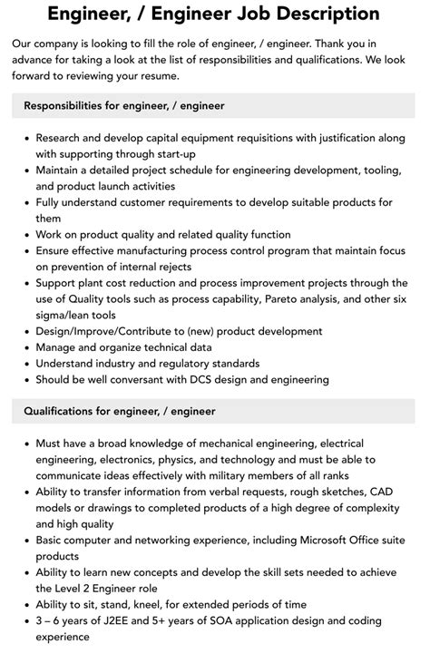 Engineer, / Engineer Job Description | Velvet Jobs