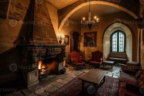 Cozy fireplace in a room in a medieval gothic castle. 23803358 Stock ...