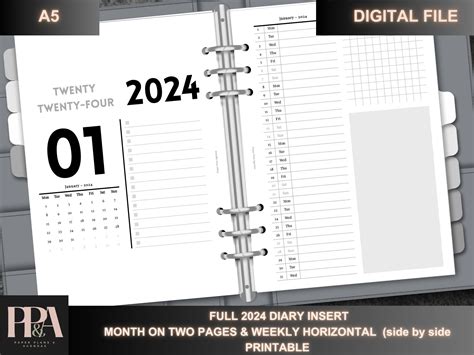 A5 2024 Full Diary Insert Weekly Horizontal Monthly - Etsy