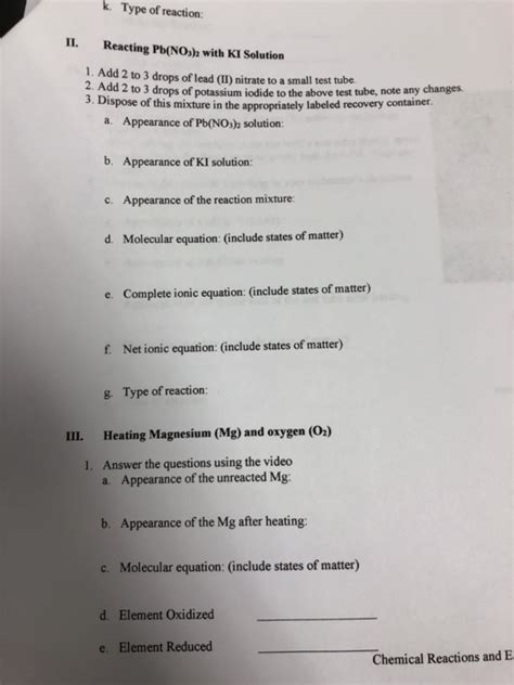 Solved k. Type of reaction: II. Reacting Pb(NO3)2 with KI | Chegg.com