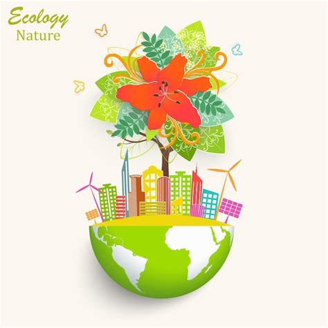 Premium Vector | Ecologically clean world city solar panels windmill tree with bright colors on ...