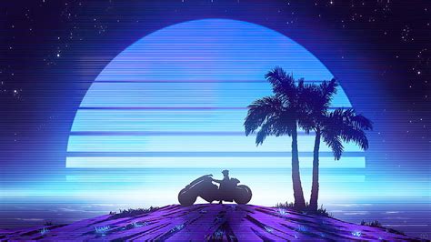 4K Descarga gratis | Retrowave, motociclista, palmera, arte, u ...