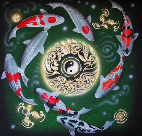 Japanese Koi Carp Painting & Classic Yin Yang Symbol l Royal Thai Art