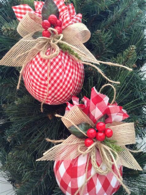 Christmas Ornaments / Red and White Xmas Ornaments / Set of 2 / Gingham ...