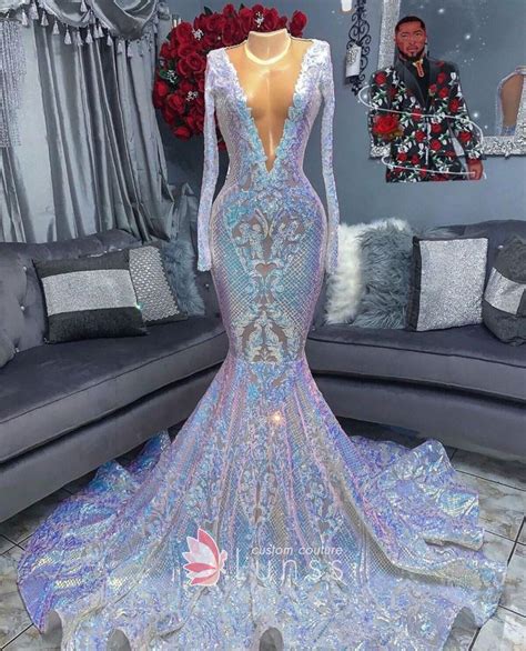 Iridescent Plunging Long Sleeve Mermaid Prom Dress in 2020 | Prom girl ...