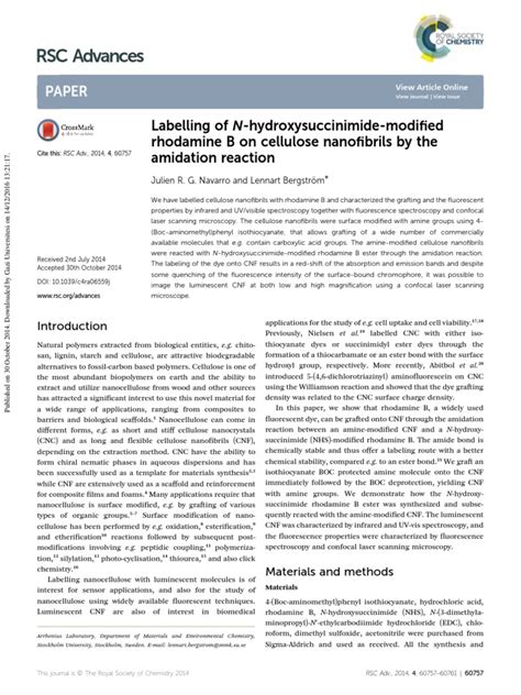 Labelling of N-Hydroxysuccinimide-Modified Rhodamine B On Cellulose Nanofibrils by The Amidation ...