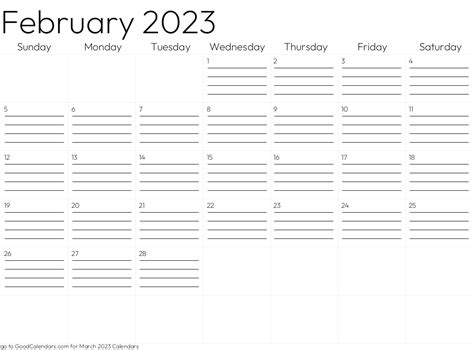 Lined February 2023 Calendar Template in Landscape
