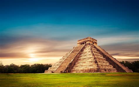 Download wallpapers Temple of Kukulcan, El Castillo, pyramid, temple, sunset, Mexico ...