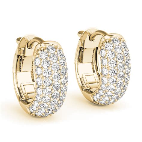 Diamond Earrings - Five Row Dome Etoil Pave Diamond Hoop Huggie Earrings in Yellow Gold, 1/2 ...