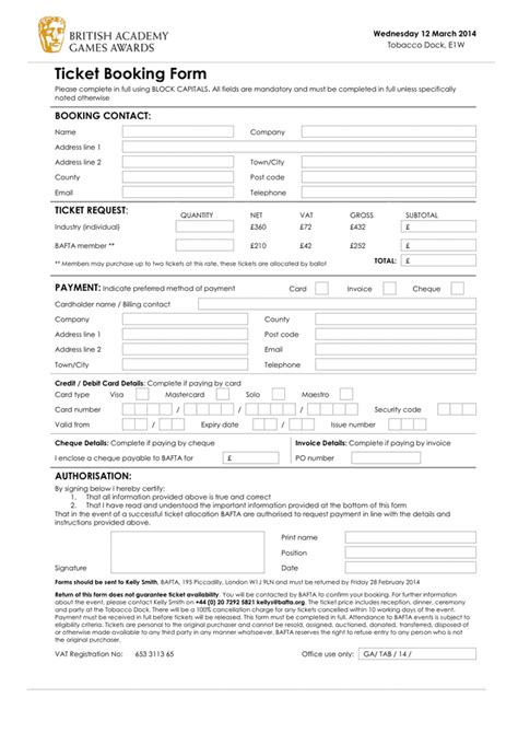 Ticket Booking Form in Word and Pdf formats