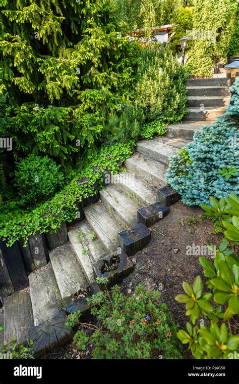 Garden staircase of wooden steps Stock Photo - Alamy