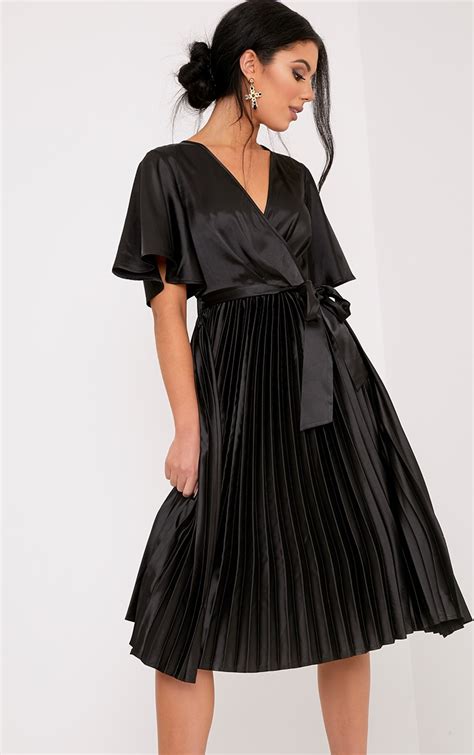 Mairee Black Satin Pleated Midi Dress | PrettyLittleThing IRE