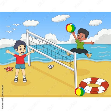 Children playing volleyball on the beach cartoon vector illustration ...