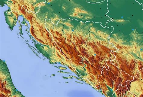 Shaded relief map of Dinaric Alps (Dinarides) including location of cities with population of ...