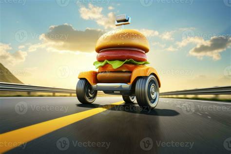 Burger delivery. Fast hamburger car. Cheeseburger as fast food car. Hamburger driving on the ...