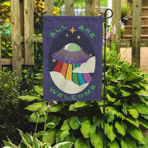 All Are Welcome | Rainbow UFO Garden Flag – Flags For Good